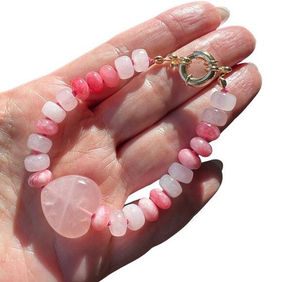 Pink JadeRose Quartz Heart Gemstone Bracelet Handcrafted Gold Filled Clasp